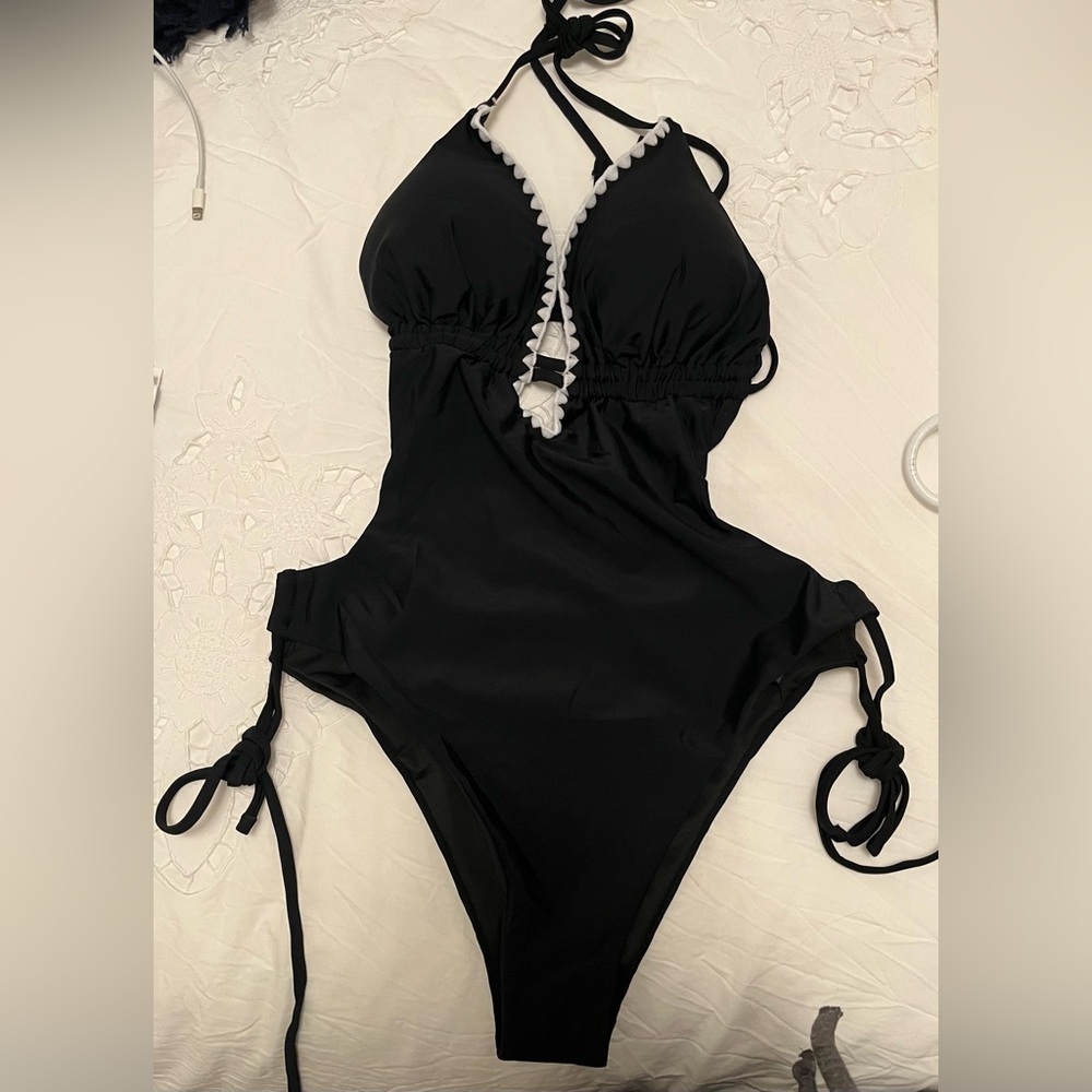 Elegant Black One Piece Swimsuit with White Accents